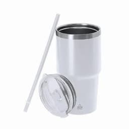 A drink bottle in white stainless steel with a clear lid and straw. It features a sleek design and has a logo.