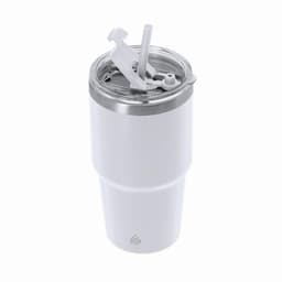 A drink bottle in white with a silver rim, featuring a straw and a lid with two openings. It has a logo.