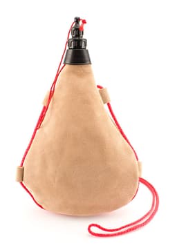 A drink bottle in a light brown colour with a black cap and red strap. The bottle has a unique teardrop shape.