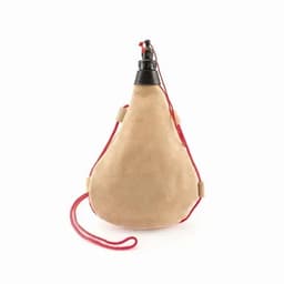 A drink bottle in a unique teardrop shape, featuring a beige exterior and a black nozzle with a red strap.