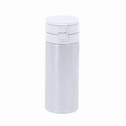 A drink bottle in a sleek, metallic silver finish with a secure lid. It features a simple logo.