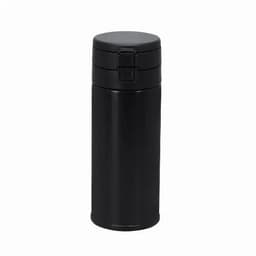 A drink bottle in sleek black, featuring a secure lid and a minimalist design, with an attached logo.