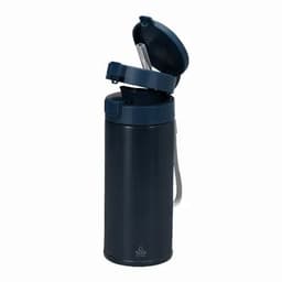 A drink bottle in navy blue with a flip-top lid and straw, featuring a carrying strap and branding.