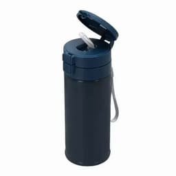 A drink bottle in navy blue, featuring a flip top lid and a straw, with a carrying strap.