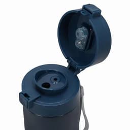 A drink bottle in navy blue with a flip-top lid and two openings for drinking. It features a logo on the side.