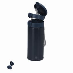 A drink bottle in navy blue with a flip-top lid and built-in straw, featuring a removable cap.