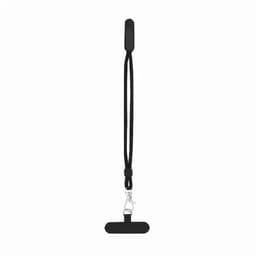 A black lanyard with a clip at the bottom and a sliding adjuster. It has a simple design and is made from a durable material.