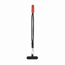 A lanyard with a red handle and a black attachment, featuring a clip at the bottom. It has a branding logo.