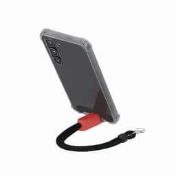 A smartphone case with a black strap and a red attachment, featuring a transparent design.