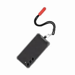 A phone case with a black and red strap attached, featuring a clear back to display the phone's design.