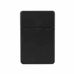 A sleek black product with a rectangular shape, featuring a simple hinge mechanism and a logo on the front.