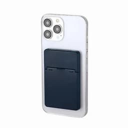 A phone with a navy card holder attached to the back. The phone has a silver casing and features three rear cameras.