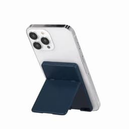 A phone case in clear and navy blue featuring a built-in stand. The case has cutouts for camera and buttons.