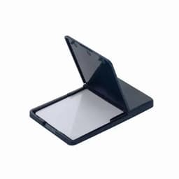 A compact mirror with a hinged lid, featuring a glossy black exterior and a reflective interior surface.