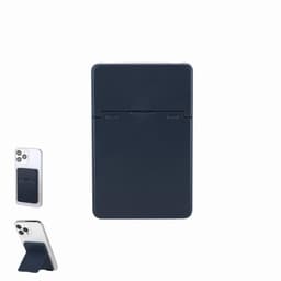 A phone stand in navy blue with a folding design, featuring a logo on the back.