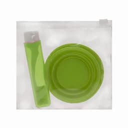 A drink bottle and two round coasters in bright green, packaged in a clear pouch.