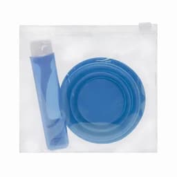 A drink bottle in blue alongside blue circular containers, all packaged in a transparent pouch.