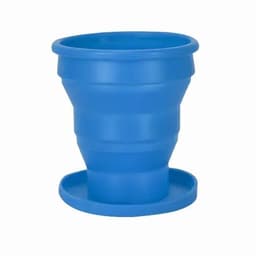 A collapsible drink bottle in blue with a matching base. Designed for easy storage and transport.
