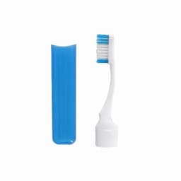 A toothbrush with a white handle and blue bristles, accompanied by a matching blue protective case.