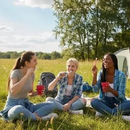 A group of three women sitting on grass, laughing and holding red drink bottles, with a tent and trees in the background.