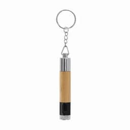 A keychain flashlight with a bamboo body, silver accents, and a black end. It includes a sturdy keyring for attachment.