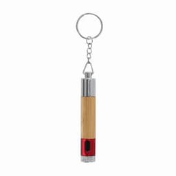 A keychain flashlight featuring a wooden body and red metal accents, with a silver keyring attachment.