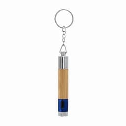 A keychain with a cylindrical design featuring a bamboo middle section and blue ends, with a metal ring for attachment.
