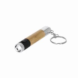 A keychain flashlight with a wooden grip and chrome accents, featuring a push button and a keyring attachment.