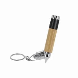 A keychain with a bamboo and chrome pen, featuring a sleek design and a keyring attachment.