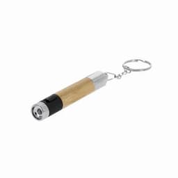 A keychain torch with a wooden body and metallic accents, featuring a small flashlight at one end.