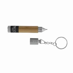 A bamboo pen with a silver tip, accompanied by a keyring attachment and a protective cap.