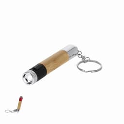 A keychain torch with a bamboo body, silver metal accents, and a black grip. Features a key ring attachment.