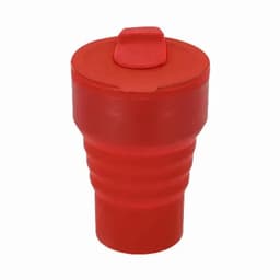 A red drink bottle with a textured body and a flip-top lid. It features a logo at the base.