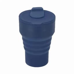 A drink bottle in navy blue with a ribbed design and a secure lid, featuring a small branding logo.