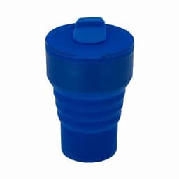 A drink bottle in bright blue with a ridged body and a secure, hinged lid. It features a logo on its surface.