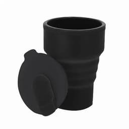 A drink bottle in matte black silicone with a removable lid, featuring a collapsible design for easy storage.