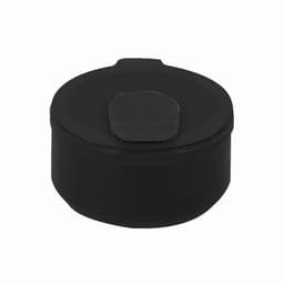 A black drink bottle with a flip-top lid and a smooth body, featuring a simple design and a logo.