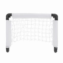 A small portable soccer goal with a white net and black plastic frame. Suitable for outdoor play.