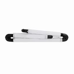 A folded, lightweight product with a black and white design, featuring a logo on one end.