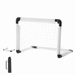 A portable football goal with white posts and black connectors, featuring a net and a detachable stand.