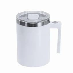 A drink bottle in white with a stainless steel lid and a handle, featuring a clear top and a push button.