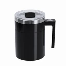 A drink bottle in black with a clear lid and a black handle, featuring a lid with a push button.