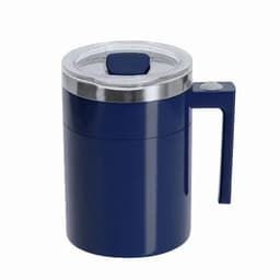 A drink bottle in navy blue with a stainless steel lid and a handle, featuring a transparent top.
