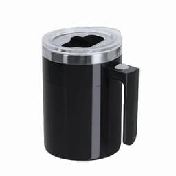 A black drink bottle with a transparent lid and a handle, featuring a branding logo.