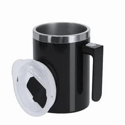 A drink bottle in black with a silver rim and clear lid, featuring a handle and a logo.