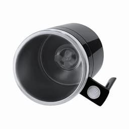 A drink bottle in black with a metallic rim and a handle, featuring a mixing mechanism inside.