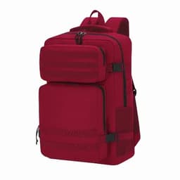 A red backpack featuring multiple compartments, zippers, and adjustable straps for carrying.