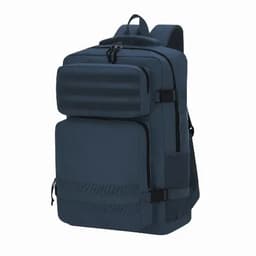A dark blue backpack featuring multiple compartments, zippers, and a textured front panel. It has adjustable straps and a logo.