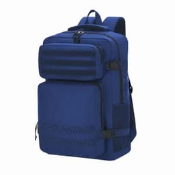 A backpack in navy blue with multiple compartments and adjustable straps, featuring a logo on the front.