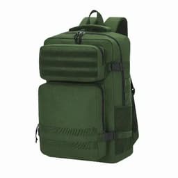 A green backpack featuring multiple compartments and mesh pockets, designed for rugged use. It has a sturdy build and padded straps.